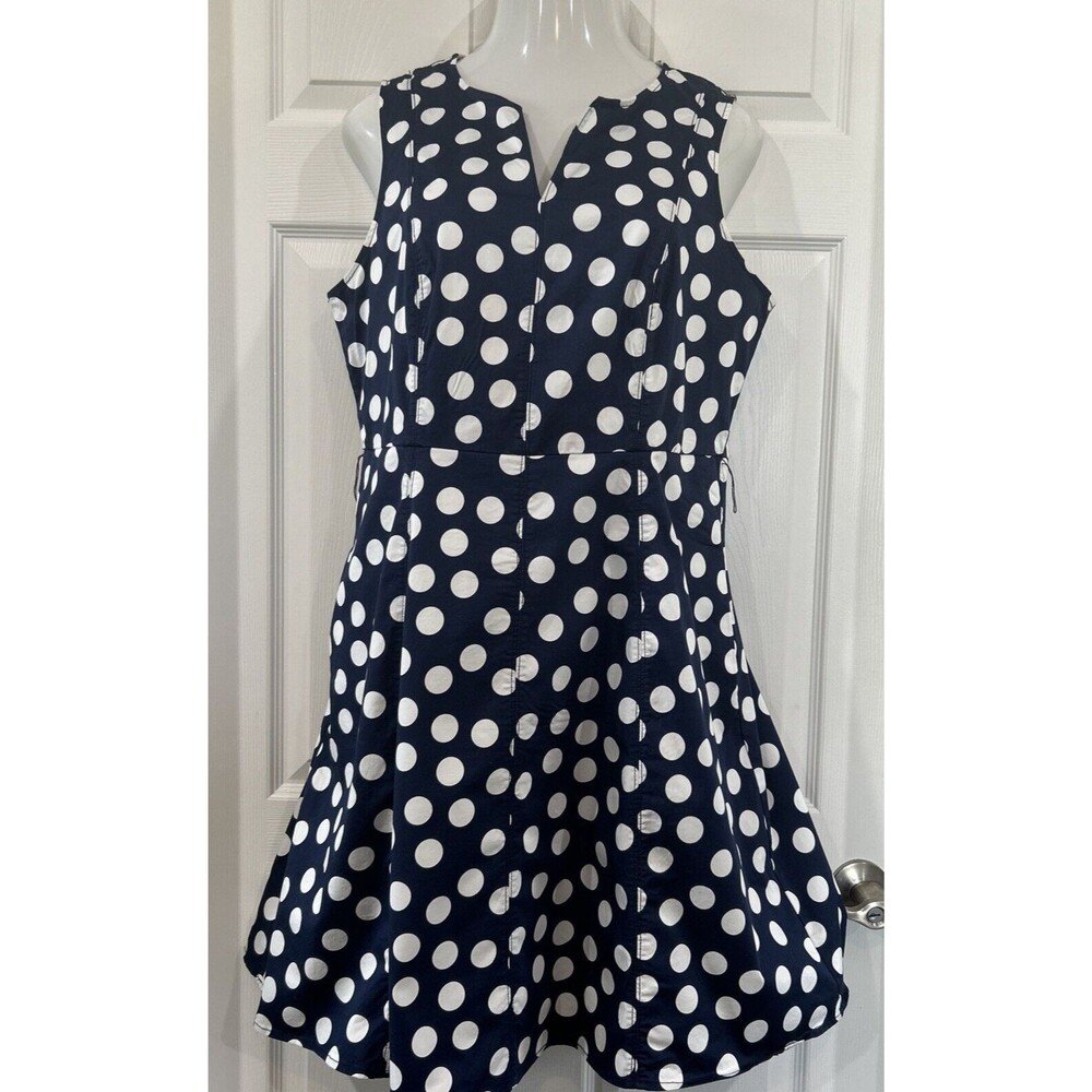 Boden Blue White Polka Dot Notch Neck Dress Sleeveless Stretch A Line 16/18